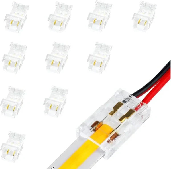 Transparente Kristall-LED-Streifenverbinder – 8 mm 2-polige lötfreie Clips | Streifen zu Kabel / Streifen zu Streifen / DC-Adapter / L – Großhandel 500 Stück MOQ | Direkt ab Werk 