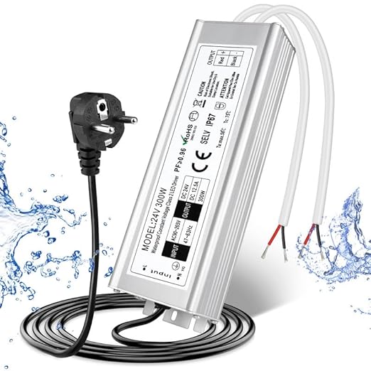 24V Waterproof LED Power Supply 30W–300W, 90–265V Input, Single/Dual Wire Output, Aluminum Housing, Outdoor LED Driver, CE/RoHS/FCC — US/UK/EU Plug & Wire Leads Options