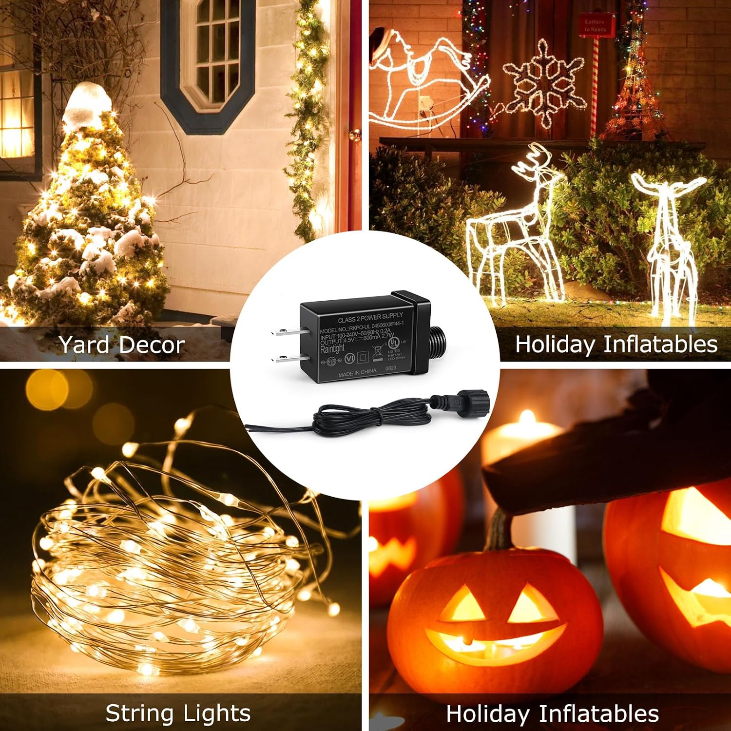 IP44 Class 2 Power Supply, AC 100–240V to DC 4.5V/12V/24V/30V Adapter Transformer, Waterproof Outdoor LED Driver for Inflatable Decorations, String Lights, Christmas Trees — US Plug