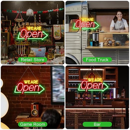 WE ARE OPEN Integrated LED Signs – USB Powered | 16.1×7.8 inch | Arrow Shape LED Window Sign |  Yellow + Red + Green Glow for Storefront Display