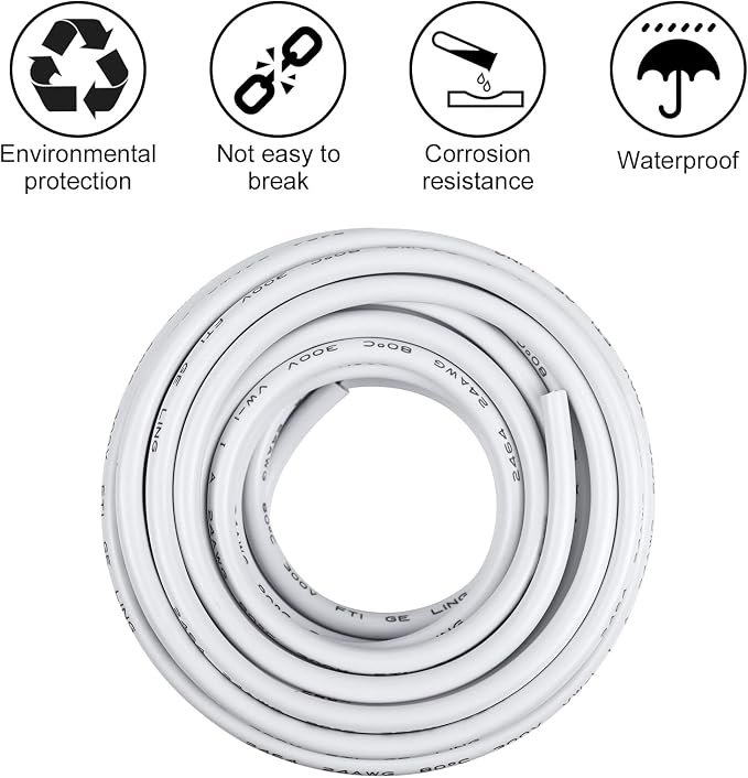 24 AWG Stranded Electrical Wire, 2/3/4/5 Conductor Multi-Core Cable, Black/White PVC Flexible Insulated Cord for Extension & Wiring —10/20/50m (33ft–165ft) Options