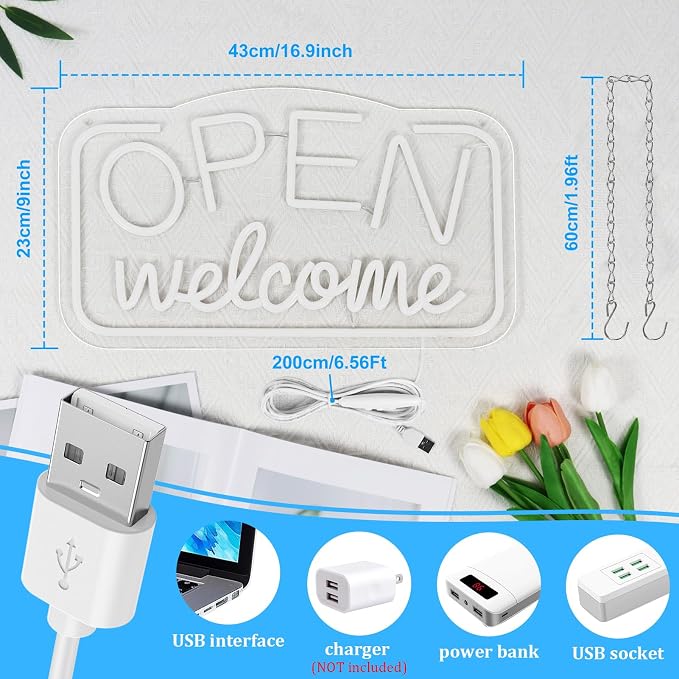 OPEN Welcome Silicone Neon Signs – USB Powered | 16.9×9.4 inch | LED Light for Storefront Window | 2 Color Options