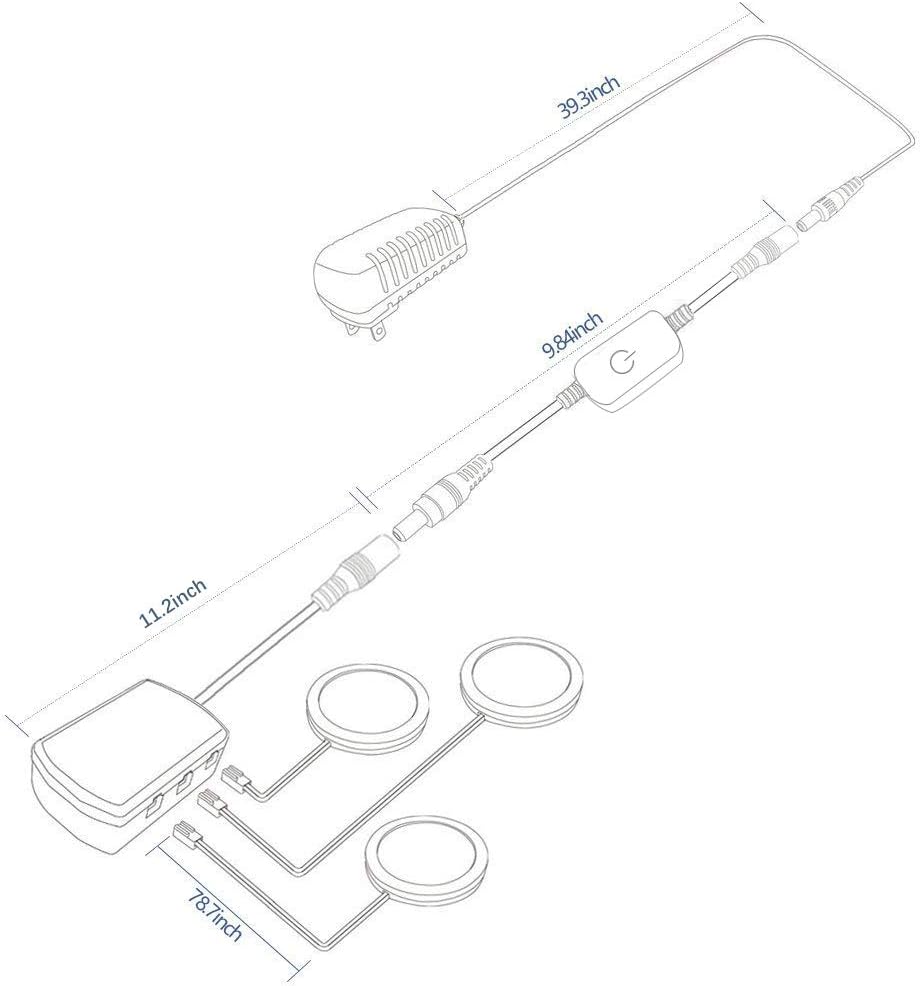 Lot de 3 ou 6 spots LED pour armoire – Blanc chaud / Blanc lumière du jour | Finition argentée | Adaptateur 12 V avec prise US/UK | Intensité réglable tactile | Fixation adhésive | Pour cuisine et sous-meubles 