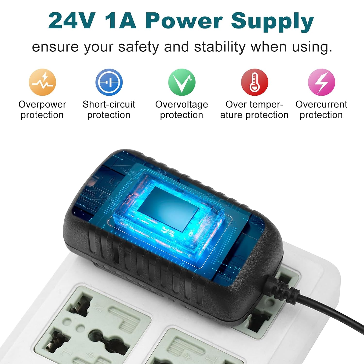 DC 24V Power Adapter 24W, AC 100–240V to 24V Wall Plug Power Supply with US Plug, Black Case