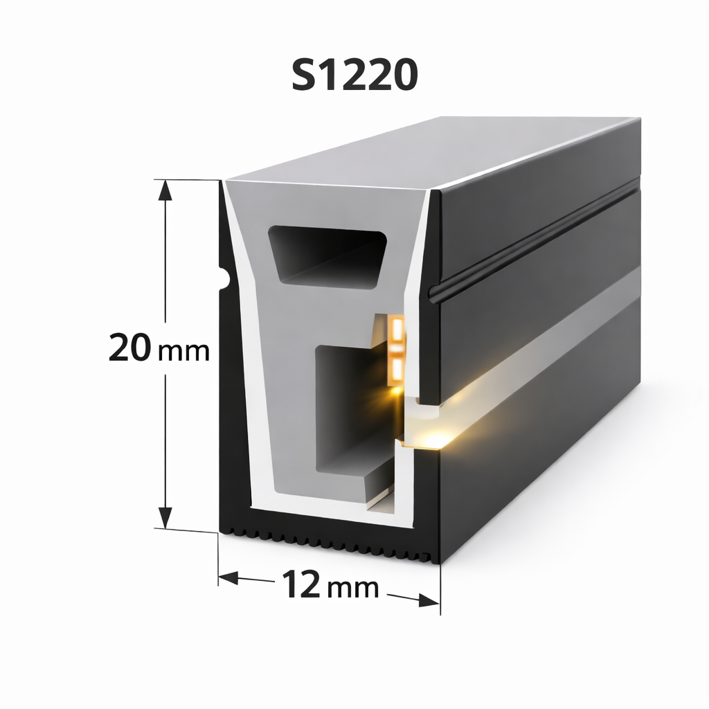 Neonlichtgehäuse – S1220 Schwarze Seitenkantenbeleuchtung | 12 x 20 mm Silikon-LED-Kanalsystem | IP67 wasserdicht | 10 mm Leiterplattenbreite | 50 m | Lagerbestand in den USA/UK/DE