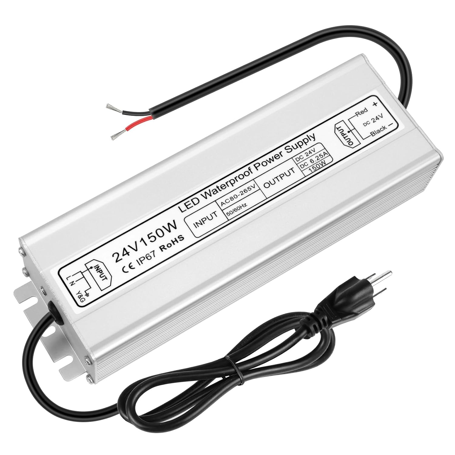 Alimentation LED étanche 24 V 30 W–300 W, entrée 90–265 V, sortie simple/double fil, pilote LED extérieur, CE/RoHS/FCC — Options de fiches et de câbles US/UK/EU 