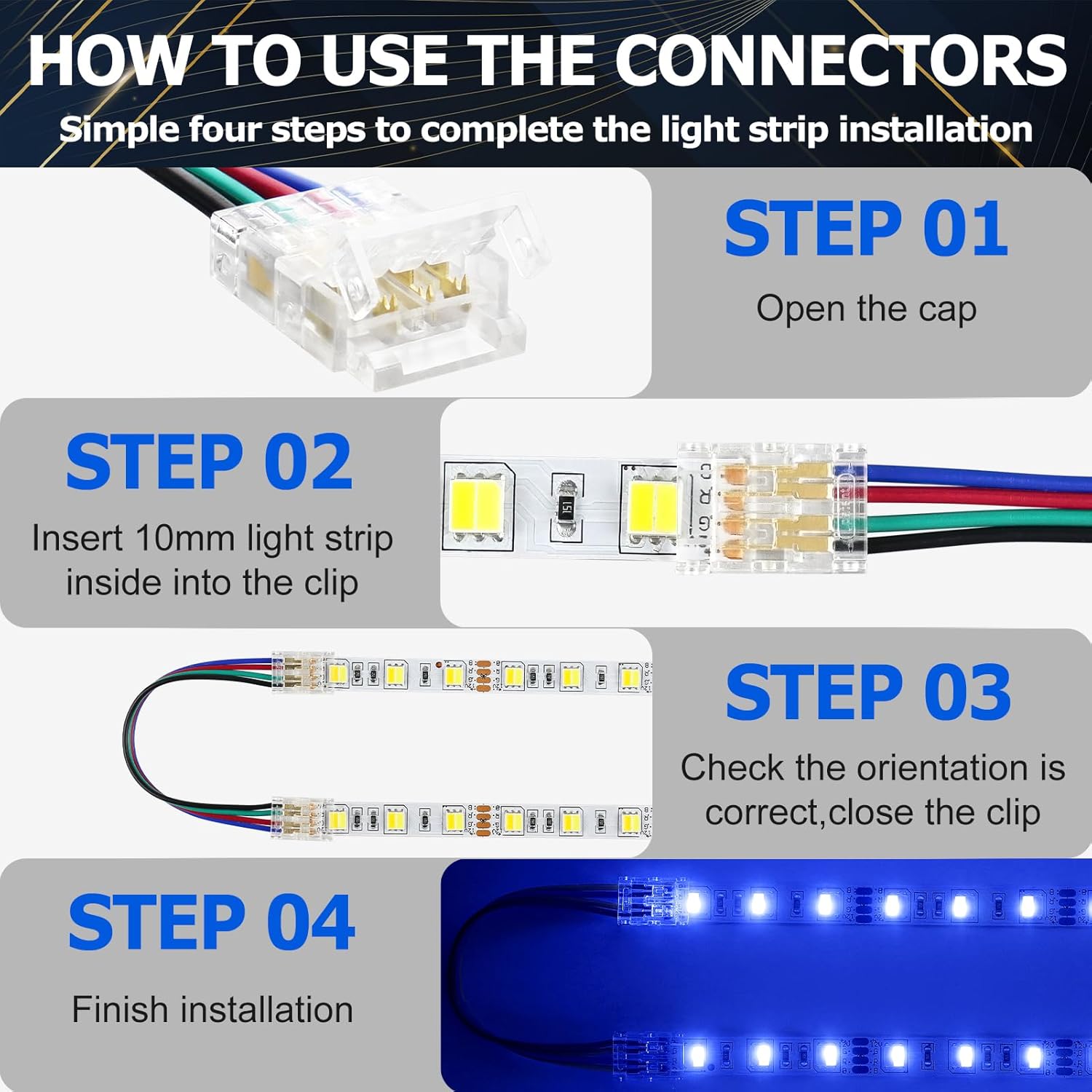 Transparent Crystal LED Strip Connectors – 10mm 4Pin Solderless Clips | Strip to Wire / Strip to Strip / Female Plug – Bulk Wholesale 500pcs MOQ | Factory Direct