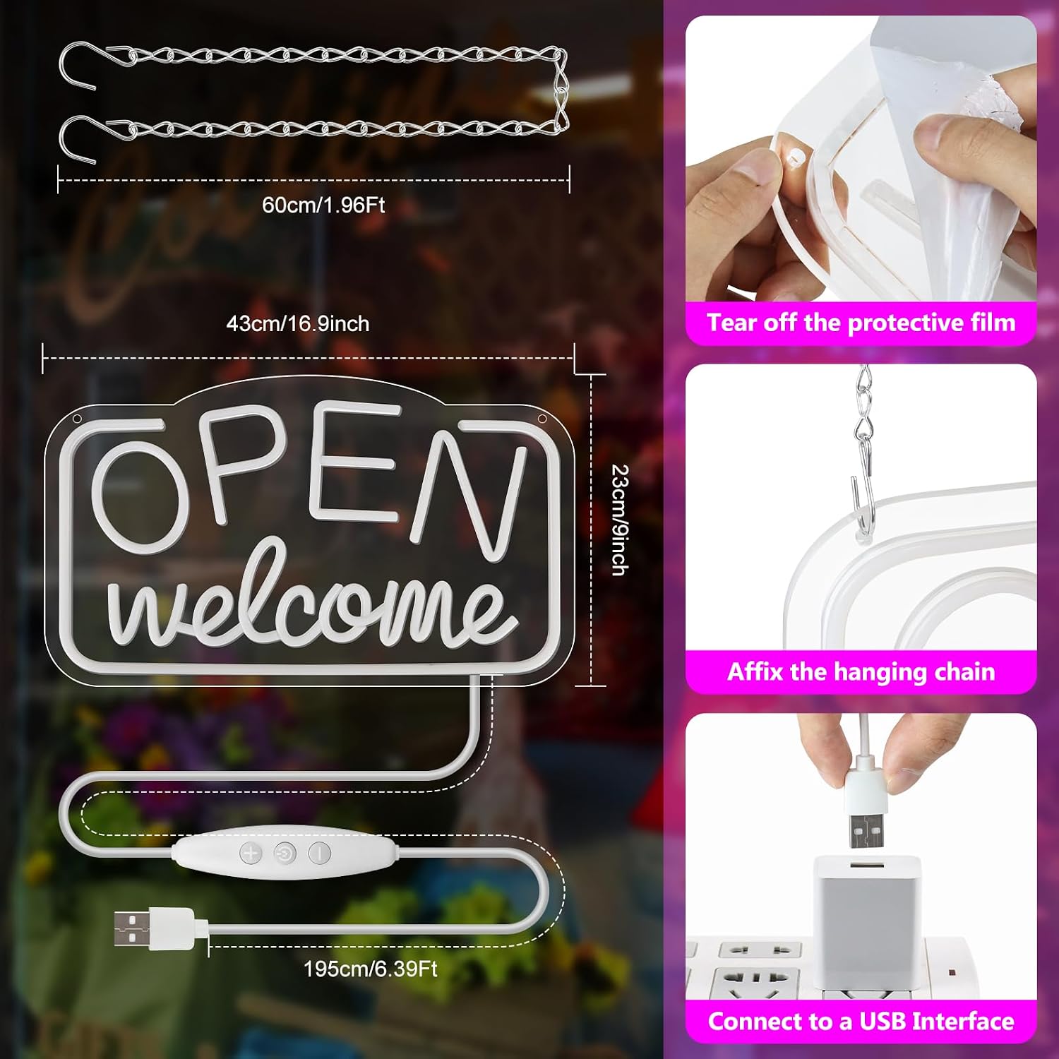 Enseigne néon « OUVERT » – Alimentation USB | 43 x 25 cm | Éclairage LED pour vitrine | 2 couleurs