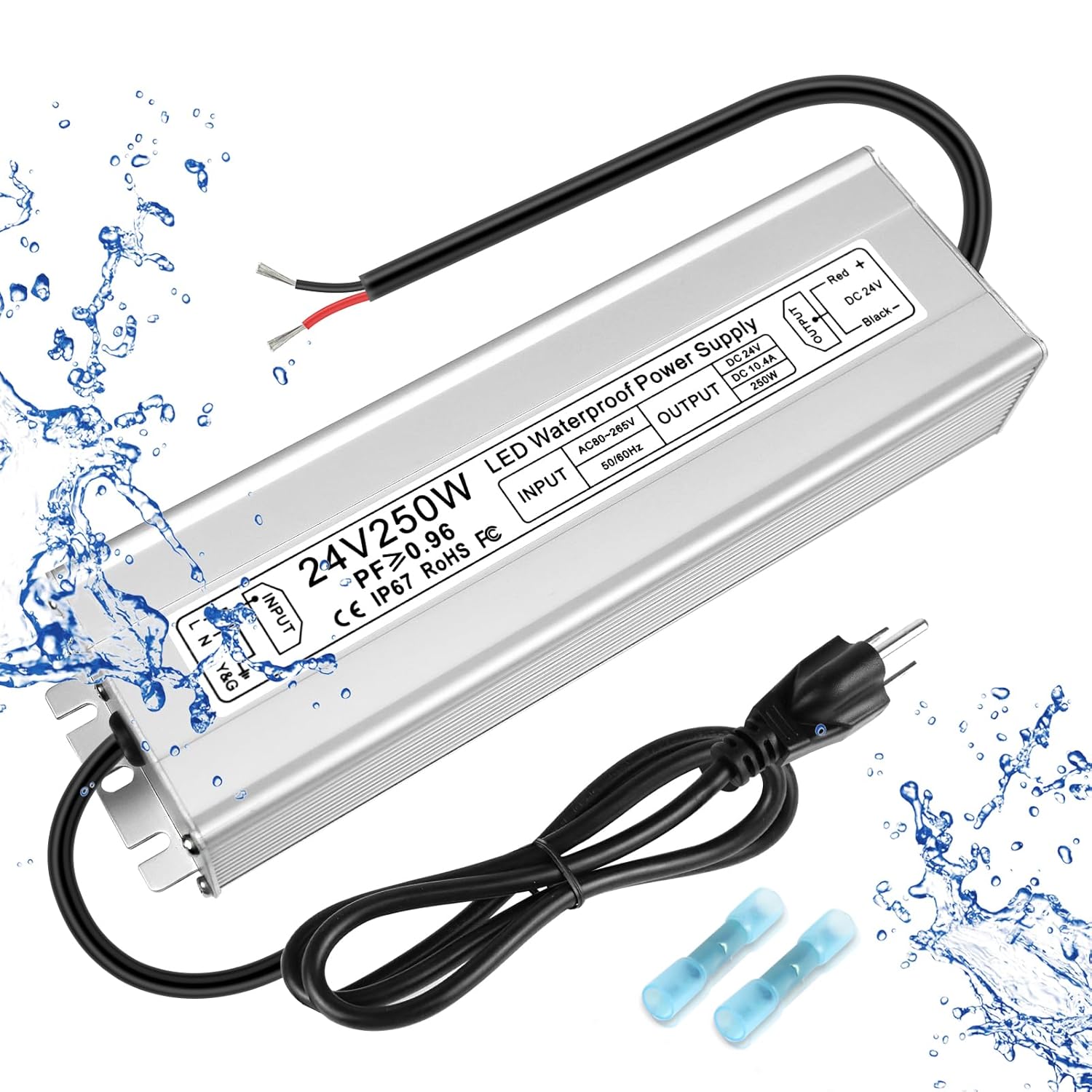 Alimentation LED étanche 24 V 30 W–300 W, entrée 90–265 V, sortie simple/double fil, pilote LED extérieur, CE/RoHS/FCC — Options de fiches et de câbles US/UK/EU 