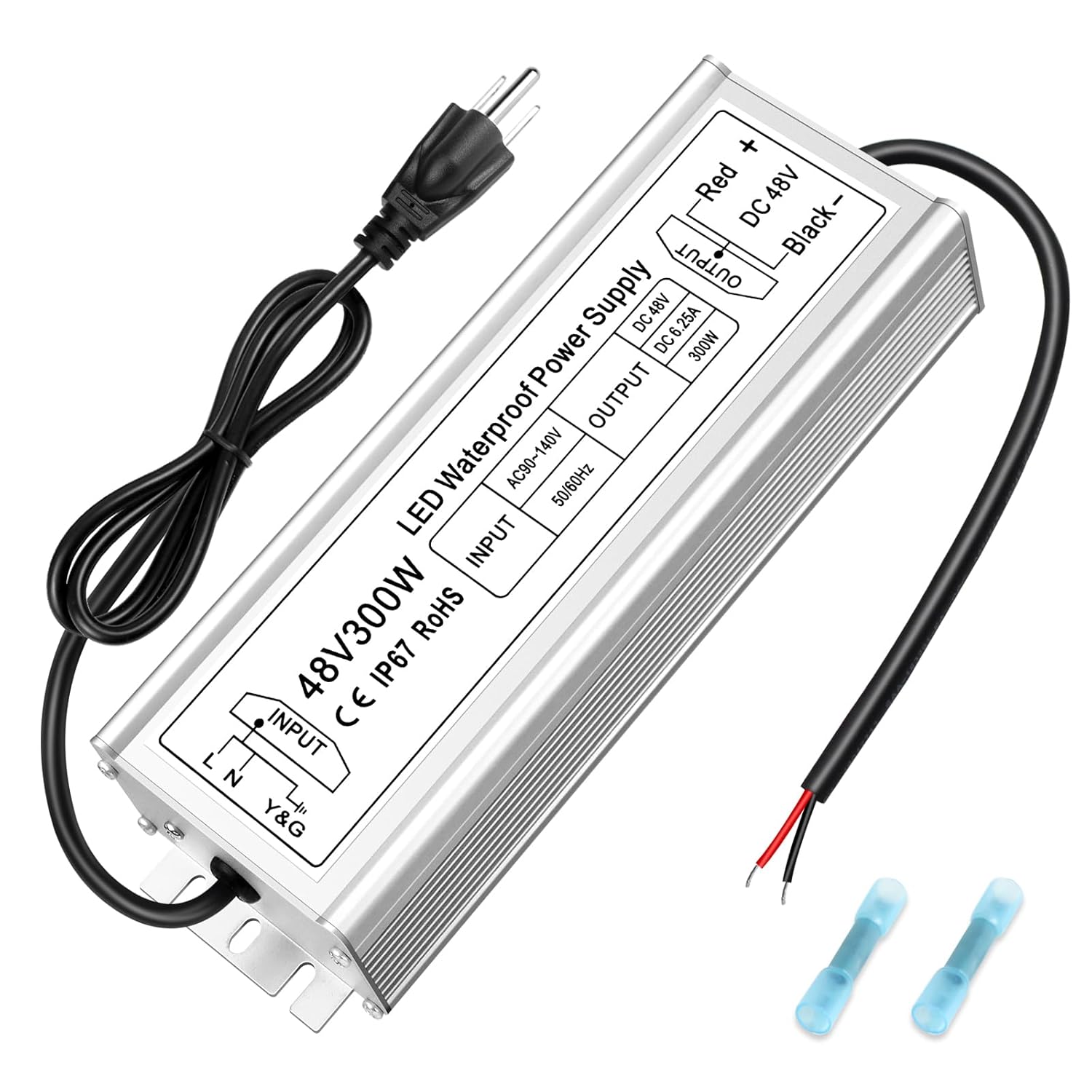 48V LED Driver, 90–140V Input, 100W–400W, Single Output Constant Voltage Power Supply, IP67 Waterproof, CE/RoHS/FCC — US Plug & Wire Leads Options