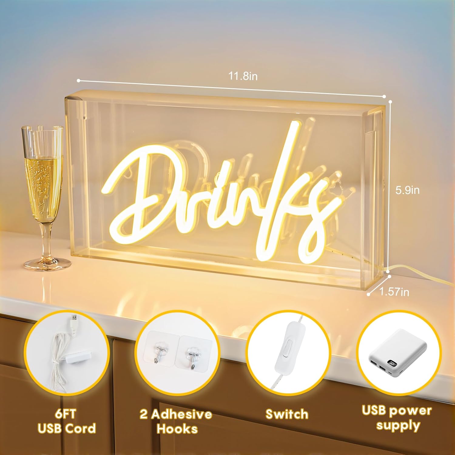 GETRÄNKE-Leuchtkastenschild für den Schreibtisch – rechteckig, 30,5 x 15,2 cm | Warmweiß/Rosa | Stromversorgung über USB | Tischdisplay | Für Tischdekoration, Hausbar, Küche, Club, Pub, Restaurant-Wanddekoration und Barwagenzubehör