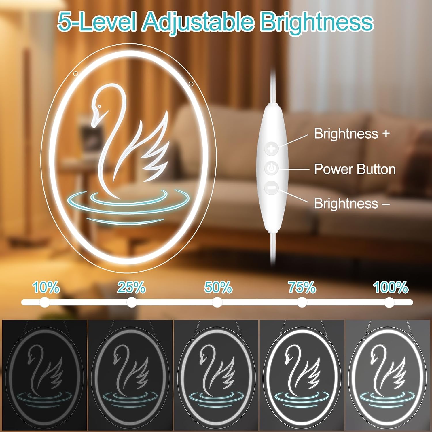 Good Vibes LED Sign – Swan Silicone Neon Sign – 15.7×11.8 Inch | 5V USB Powered Dimmable White Glow LED Wall Light | Engraved Design Neon Lamp with Accessories Included | Hanging Decor for Bedroom, Vanity Room, Home & Party Spaces