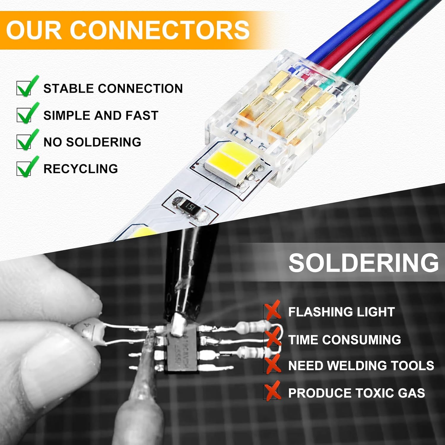 Transparent Crystal LED Strip Connectors – 10mm 4Pin Solderless Clips | Strip to Wire / Strip to Strip / Female Plug – Bulk Wholesale 500pcs MOQ | Factory Direct