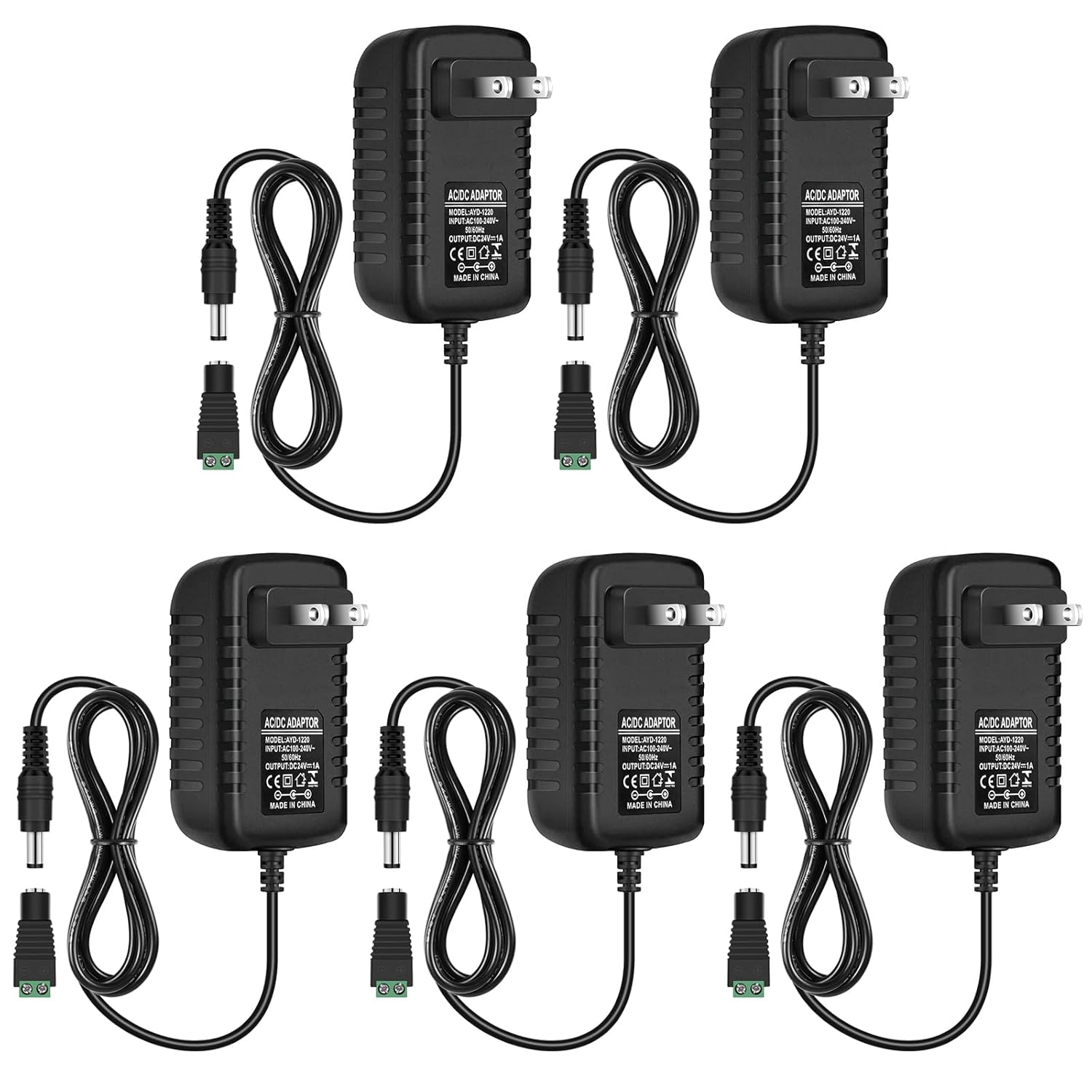 DC 24V Power Adapter 24W, AC 100–240V to 24V Wall Plug Power Supply with US Plug, Black Case
