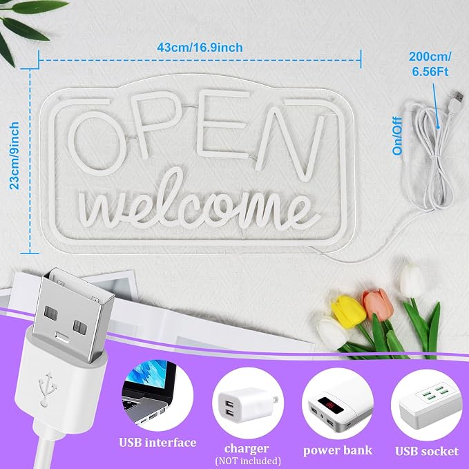 OPEN Welcome Silicone Neon Signs – USB Powered | 16.9×9.4 inch | LED Light for Storefront Window | 2 Color Options