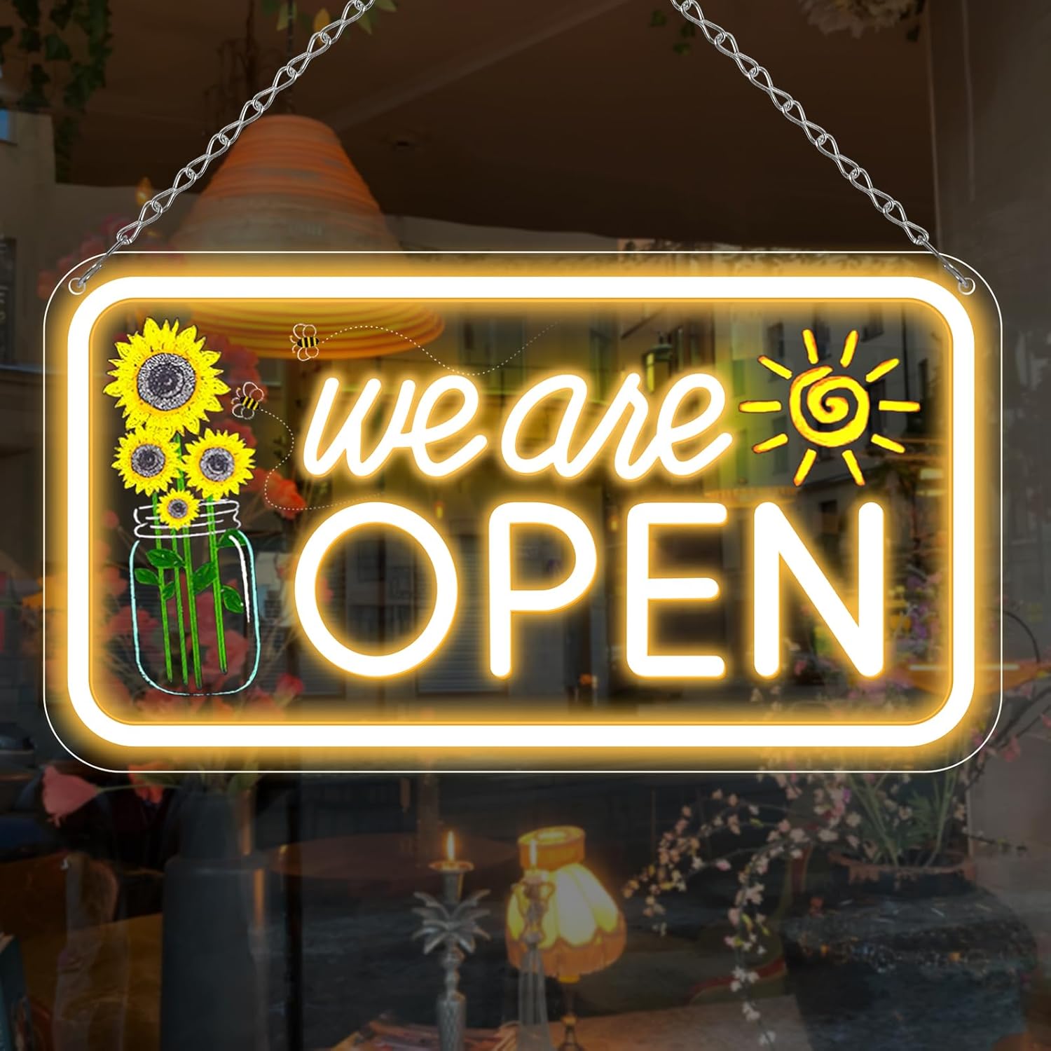 Enseigne verticale néon « Nous sommes ouverts » – Blanc chaud et éclat blanc | 43 cm x 23 cm / 58 cm x 30 cm | Suspension pour vitrine | Plug &amp; Play pour vitrines