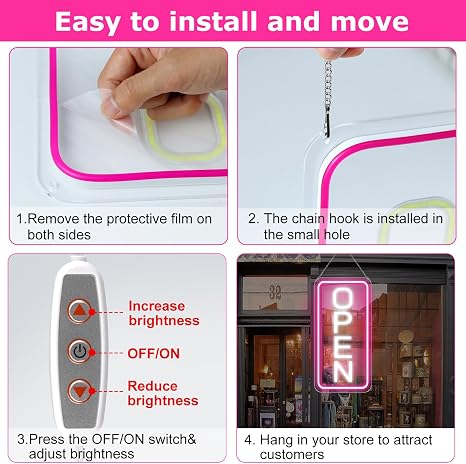 OPEN COB LED Sign – 22.8×11.8 Inch | 12V Powered Pink & White Glow Light | Horizontal & Vertical Style with US Plug for Storefront & Business Decor