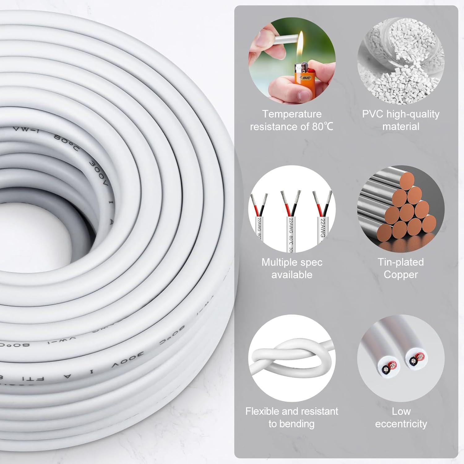 22 AWG Electrical Wire, 2/3/4/5 Conductor Stranded Tinned Copper Cable, Black/White PVC Jacket Flexible Multi-Core Extension Cord — 10/20/50m (33ft–165ft) Options