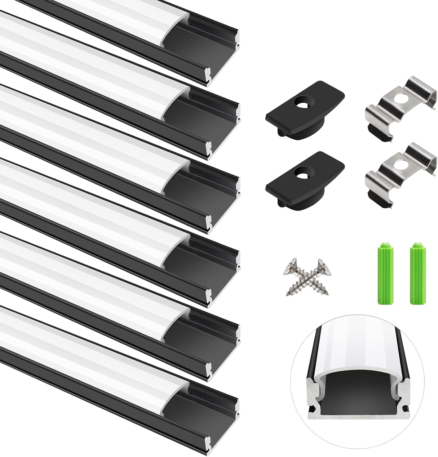 Profilés LED en aluminium en forme de U – Convient pour bande LED de 1 à 12 mm | 1 mètre | Argenté / Noir | Blanc laiteux / Noir | Avec accessoires d'installation | Pliables | Paquets de 5 / 6 / 10 / 12 / 20 | Stock local États-Unis/Royaume-Uni