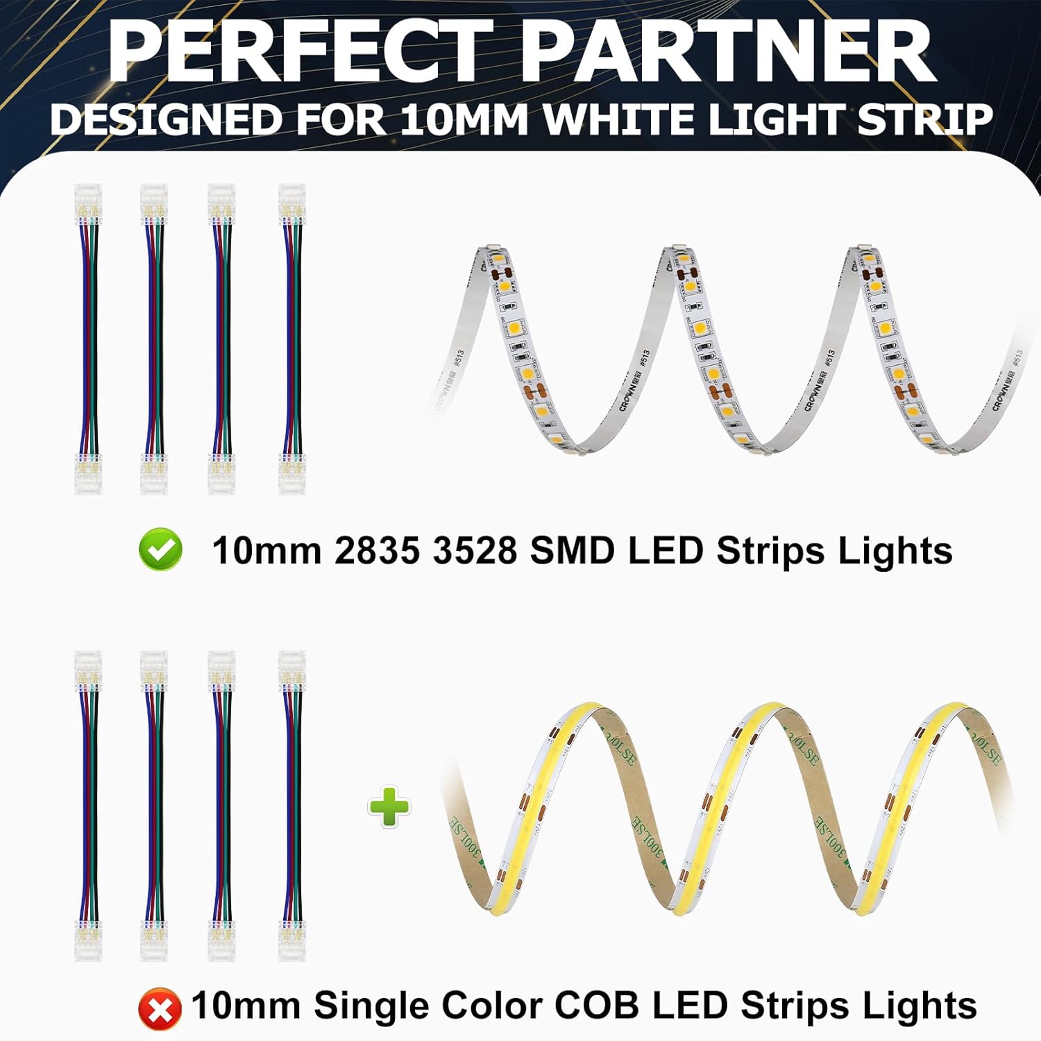 Transparent Crystal LED Strip Connectors – 10mm 4Pin Solderless Clips | Strip to Wire / Strip to Strip / Female Plug – Bulk Wholesale 500pcs MOQ | Factory Direct