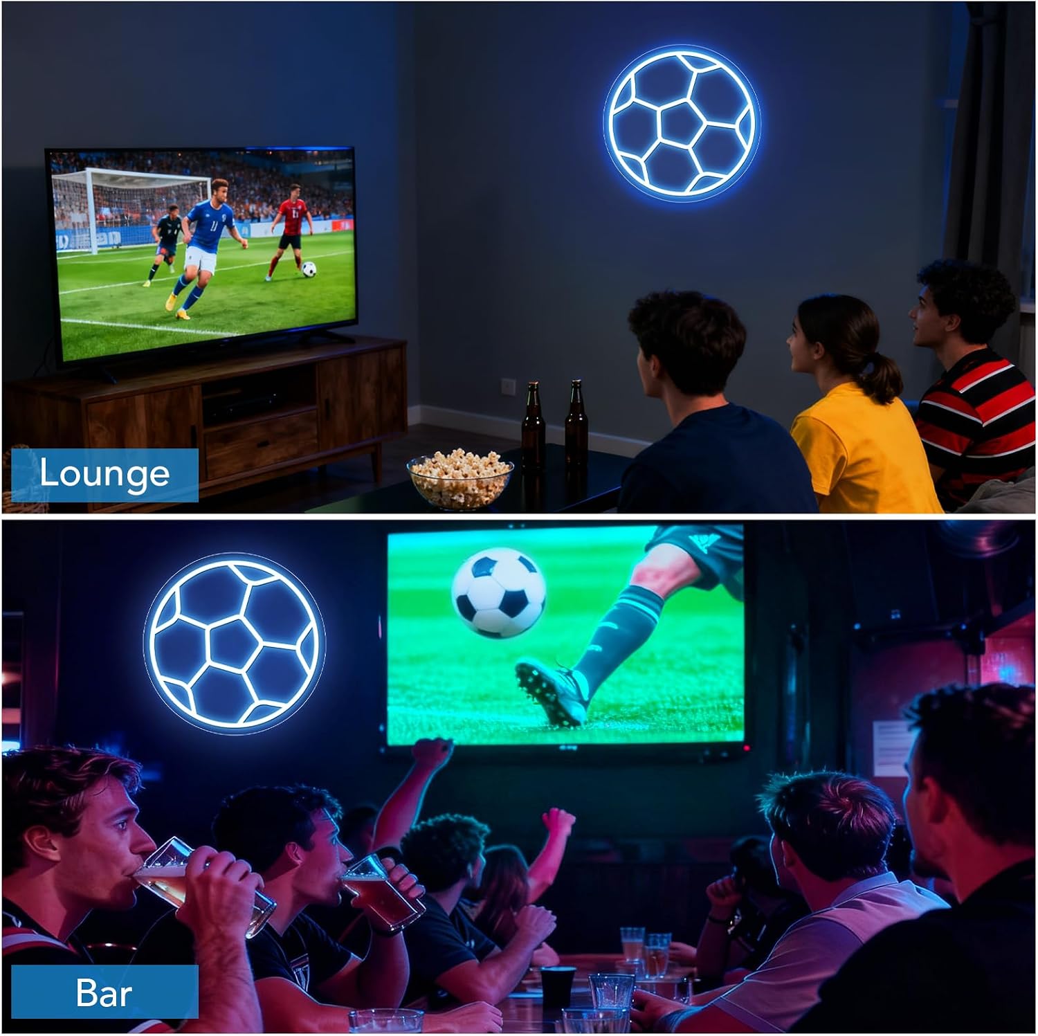 Good Vibes LED Sign – Soccer Ball Silicone Neon Sign – 12×12 Inch | 5V USB Powered Dimmable Ice Blue Glow LED Wall Light | Neon Lamp with Accessories Included | Hanging Sports Decor for Bedroom, Game Room, Bar & Party Spaces