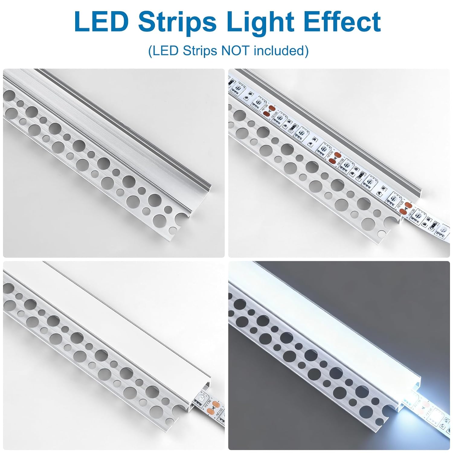 Profilés LED en aluminium pour cloison sèche, à encastrer sur une face – Compatibles avec des bandes LED de 1 à 20 mm | Argent | Revêtement blanc laiteux | 1/2/3 mètres | Argent | Revêtement blanc laiteux | Lot de 50/100