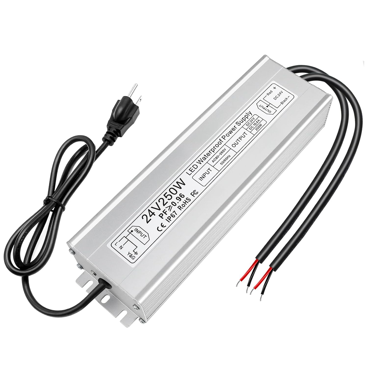 Alimentation LED étanche 24 V 30 W–300 W, entrée 90–265 V, sortie simple/double fil, pilote LED extérieur, CE/RoHS/FCC — Options de fiches et de câbles US/UK/EU 