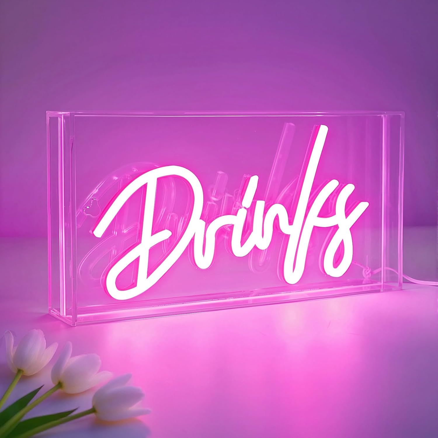 GETRÄNKE-Leuchtkastenschild für den Schreibtisch – rechteckig, 30,5 x 15,2 cm | Warmweiß/Rosa | Stromversorgung über USB | Tischdisplay | Für Tischdekoration, Hausbar, Küche, Club, Pub, Restaurant-Wanddekoration und Barwagenzubehör