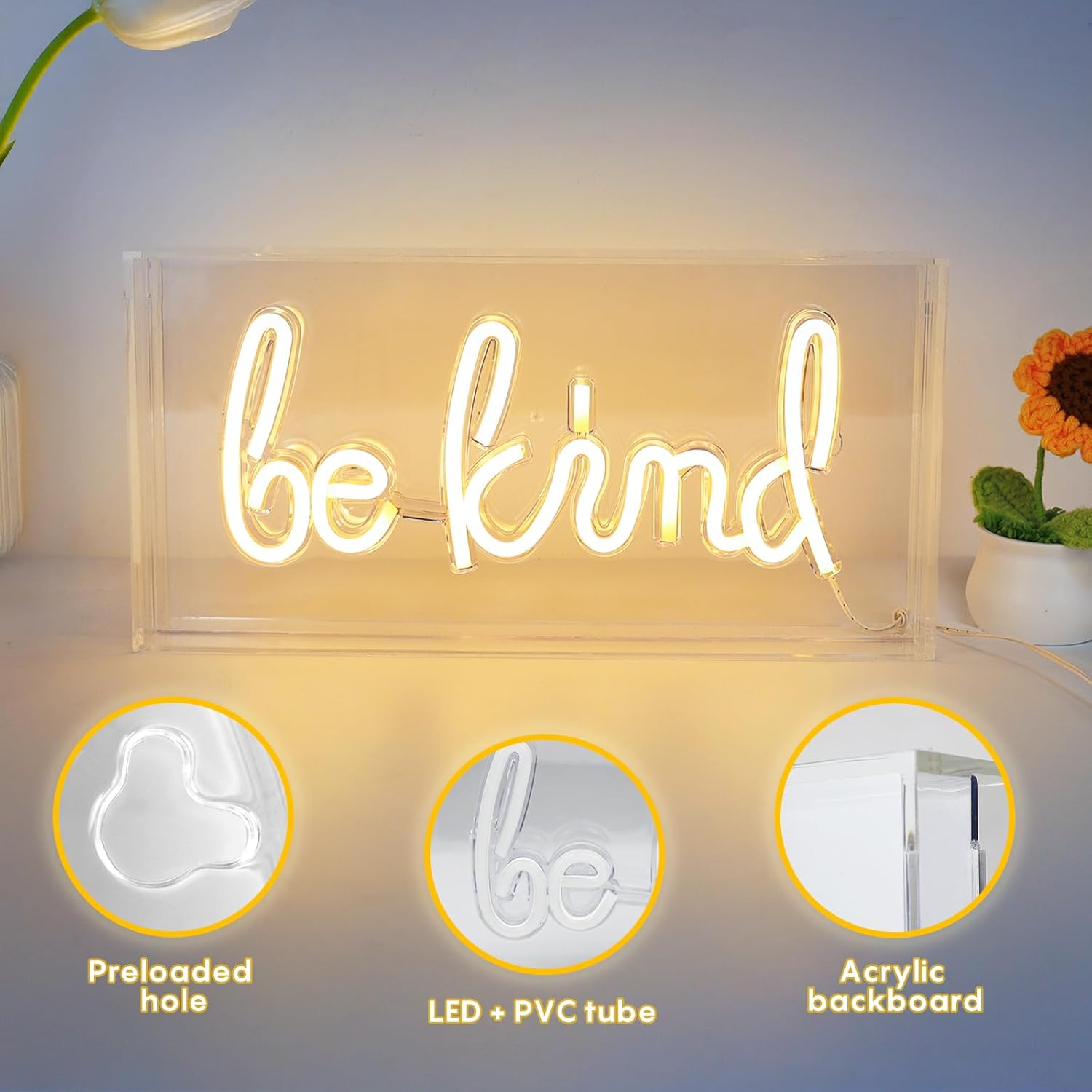 BE KIND Schreibtisch-Leuchtkastenschild – Rechteckig 12x6 Zoll | Warmweiß/Rosa | USB-betrieben | Tischdisplay | Für Mädchenzimmer, Schlafzimmer, Kneipe, Hotel, Strand, Hahn