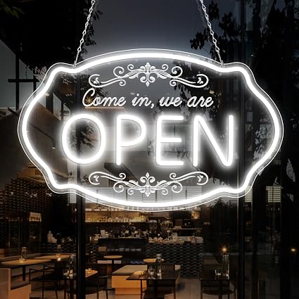 WIR HABEN GEÖFFNET – Neonschild – USB-betrieben | 41×20 cm (16×8 Zoll) | Pfeilförmiges LED-Fensterschild | 3 Farbkombinationen für die Schaufensteranzeige