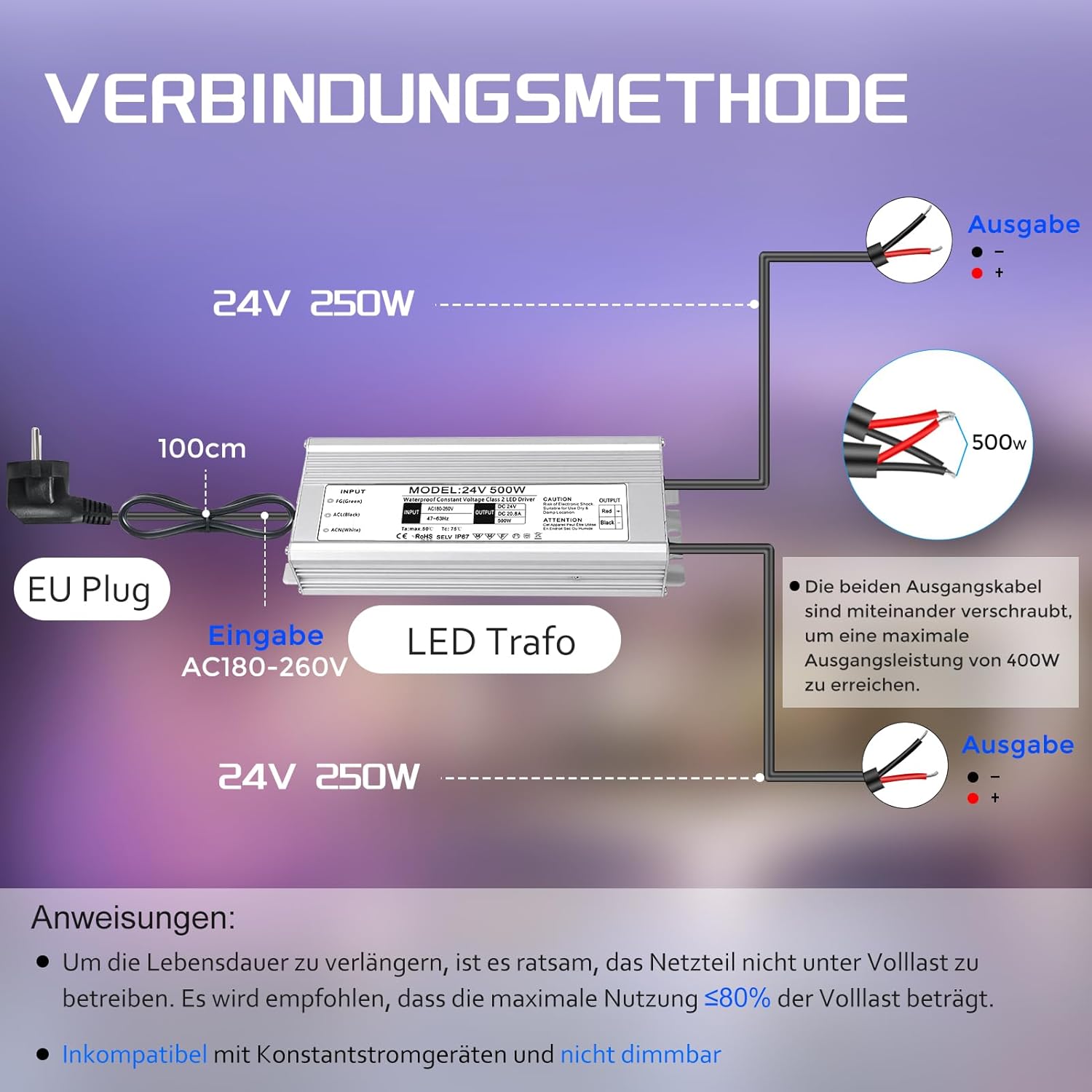 24V Waterproof LED Driver, 175–265V Input, 200W–500W, Single/Dual Wire Output, Outdoor Power Adapter, CE/RoHS/FCC — UK/EU Plug & Wire Leads Options