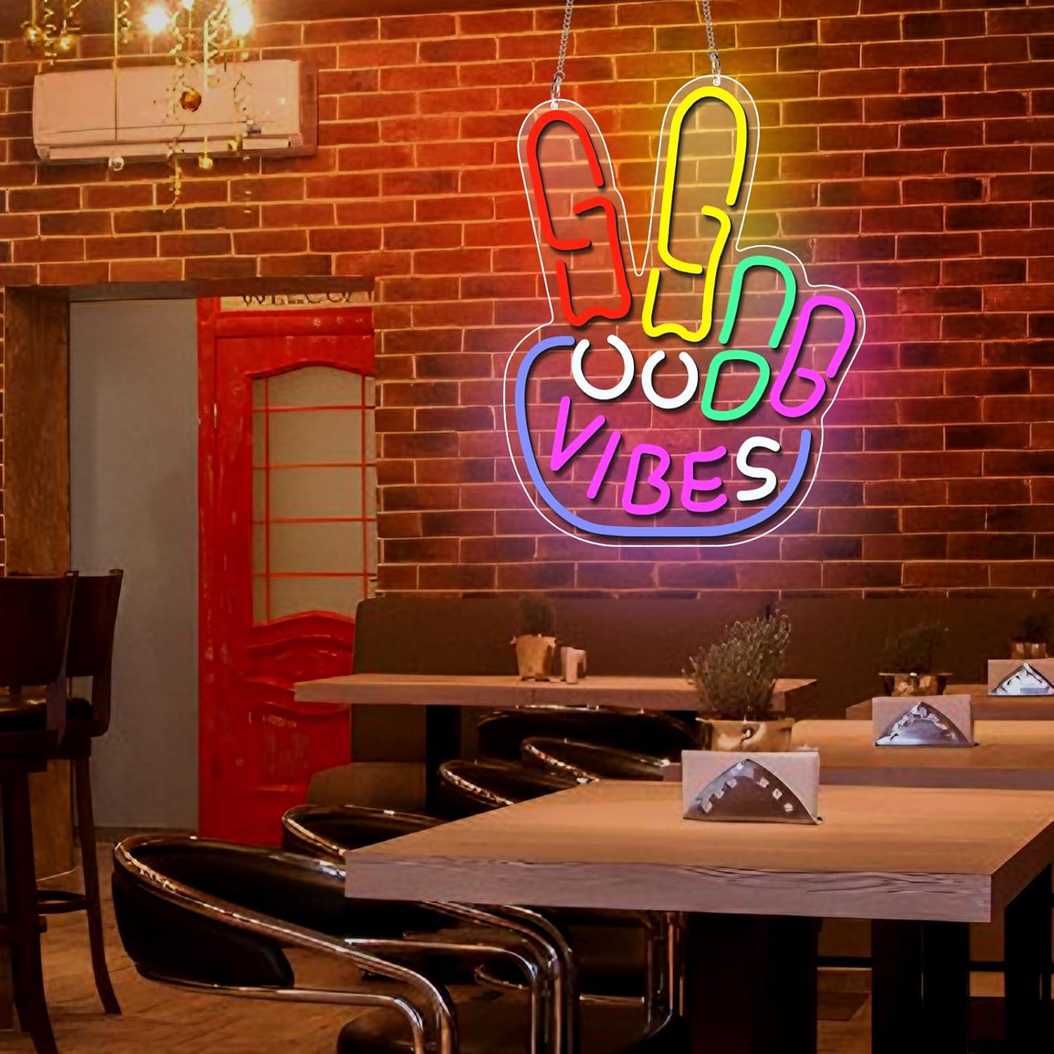 Panneau LED Good Vibes – Signe de la main de la paix | 43 x 33 cm | Néon USB pour décoration murale | À suspendre | Idéal pour une chambre, un dortoir, un salon ou une fête