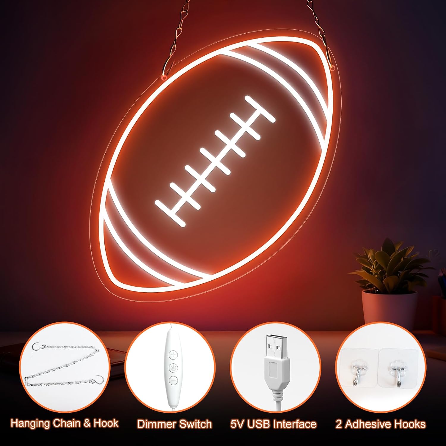 Good Vibes LED Sign – Rugby Ball Silicone Neon Sign – 16×10 Inch | USB Neon Light Orange & White Glow LED Wall Light | Neon Lamp with Accessories Included | Hanging Sports Decor for Bedroom, Game Room, Bar & Party Spaces