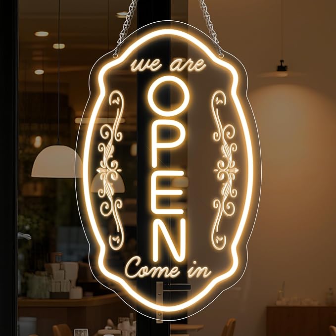 OPEN Neonschild – USB-betrieben | 43×22 cm (17×9 Zoll) | Horizontaler oder vertikaler Stil | Mehrfarbiges LED-Licht für Schaufenster und Geschäftsdekor