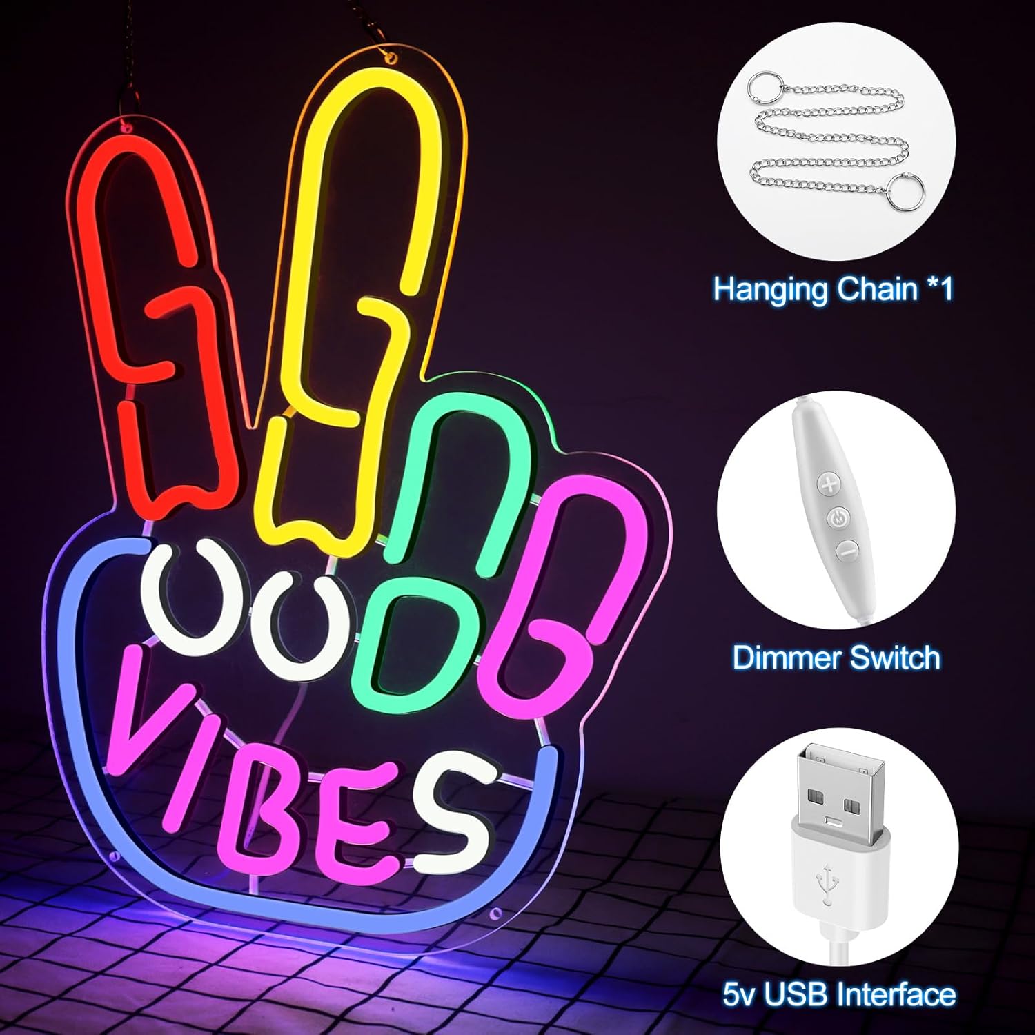 Panneau LED Good Vibes – Signe de la main de la paix | 43 x 33 cm | Néon USB pour décoration murale | À suspendre | Idéal pour une chambre, un dortoir, un salon ou une fête