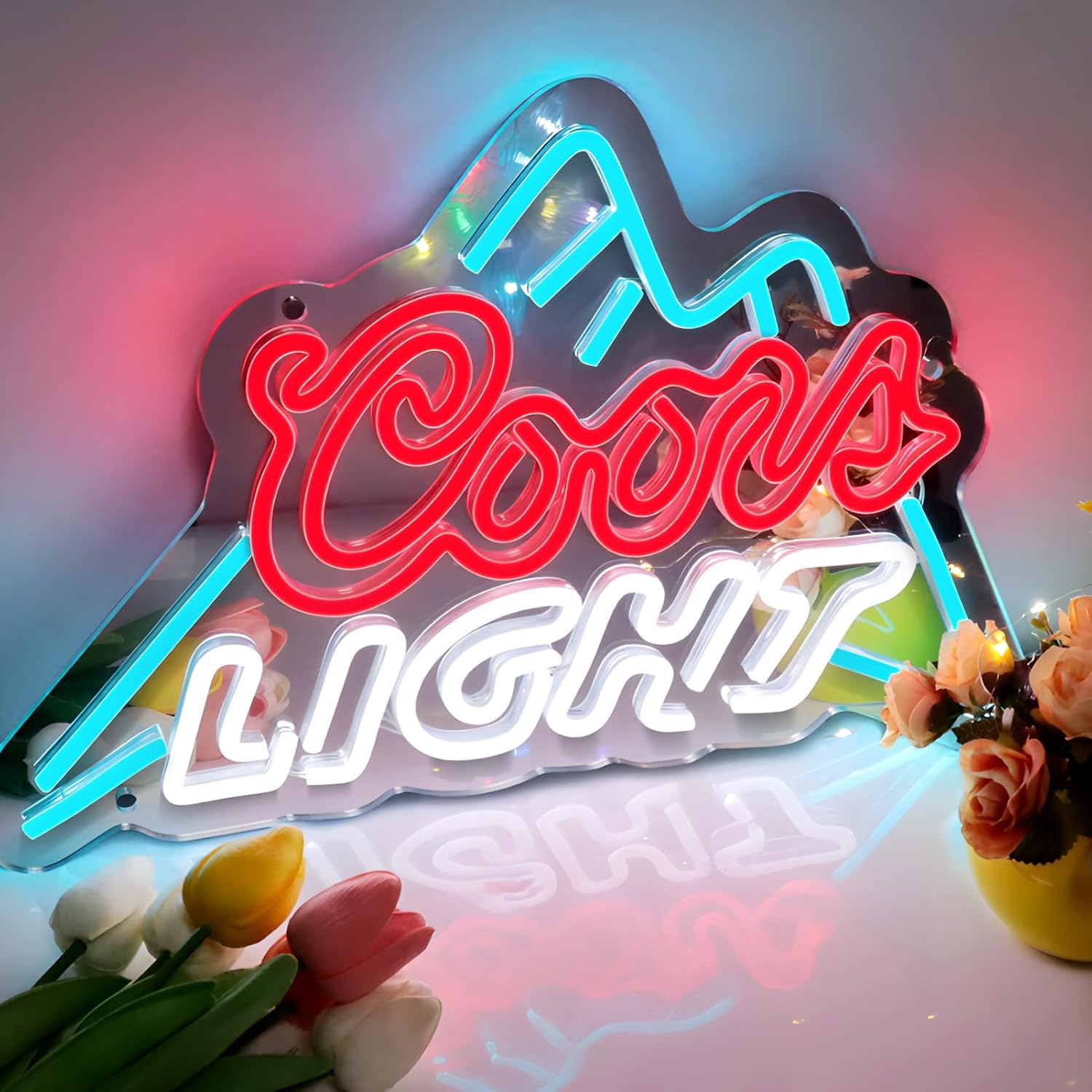 COORS LIGHT Mirror LED Sign – 17.7×11.3 Inch | 5V USB Powered Dimmable LED Light | Watermelon Red, White & Ice Blue Glow | Hanging Mirror Neon Sign with Accessories Included for Bar, Pub, Lounge & Entertainment Spaces