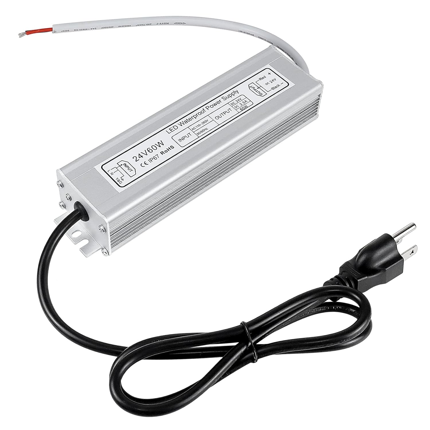 Alimentation LED étanche 24 V 30 W–300 W, entrée 90–265 V, sortie simple/double fil, pilote LED extérieur, CE/RoHS/FCC — Options de fiches et de câbles US/UK/EU 