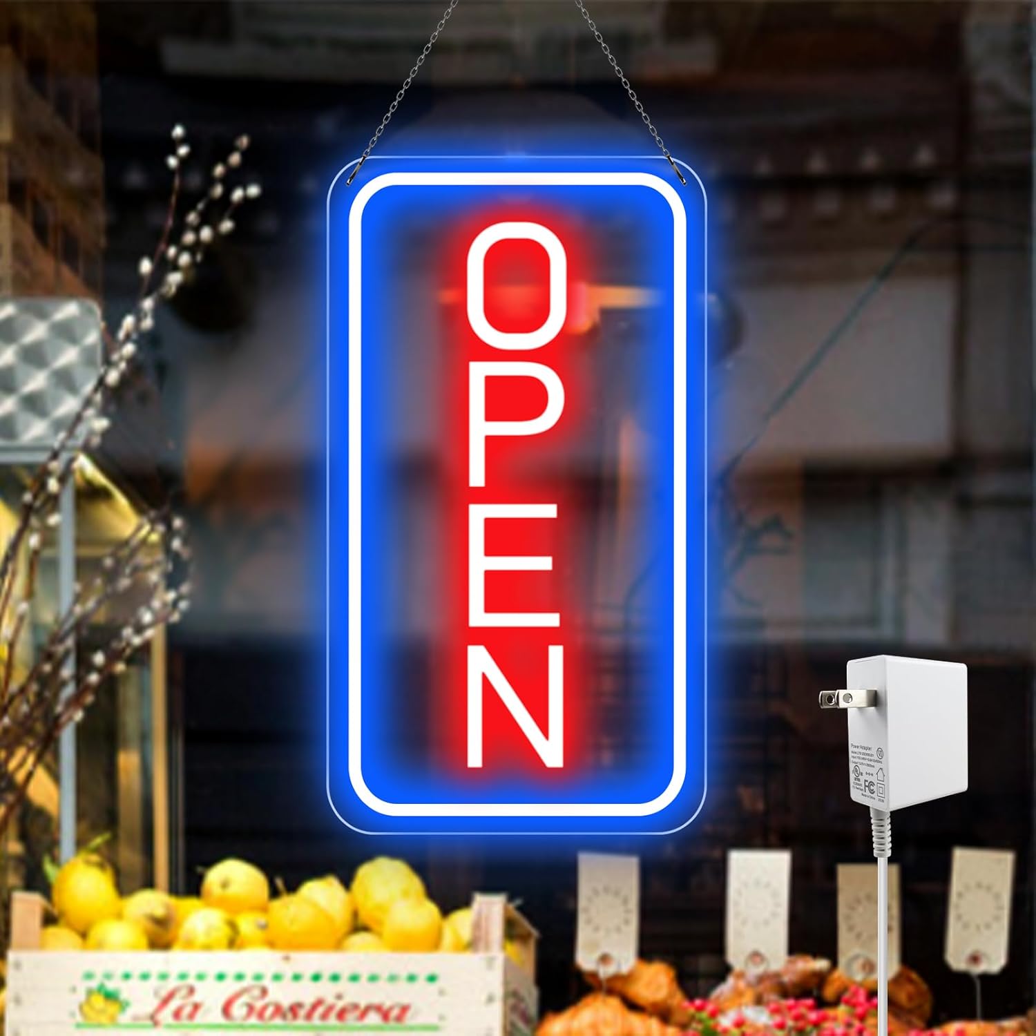 OPEN Neon-LED-Schild – Vertikal rechteckig | 5 Leuchtfarbenoptionen | 16×9 / 23×12 Zoll | Fensteraufhängung | Plug &amp; Play für Schaufenster