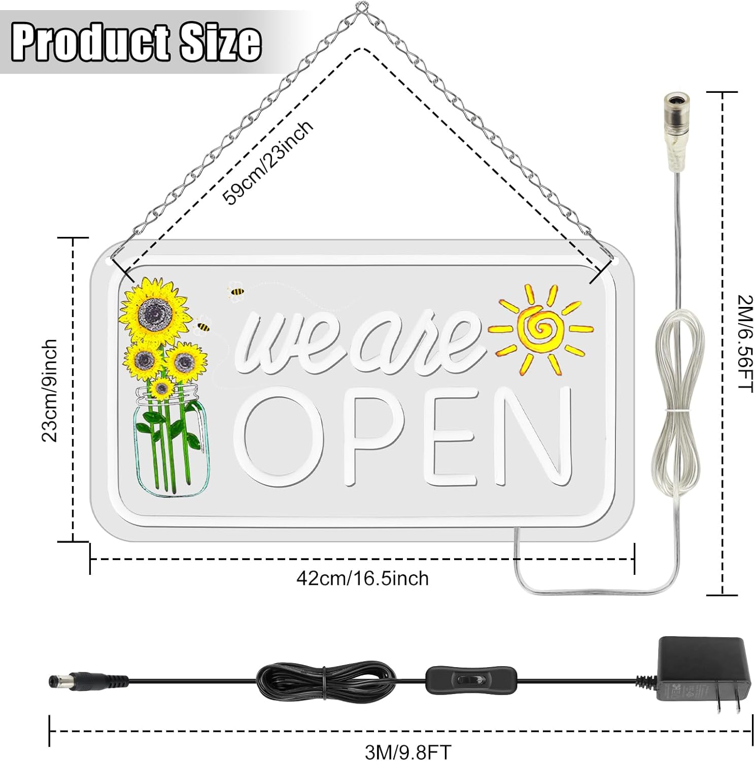 Enseigne verticale néon « Nous sommes ouverts » – Blanc chaud et éclat blanc | 43 cm x 23 cm / 58 cm x 30 cm | Suspension pour vitrine | Plug &amp; Play pour vitrines