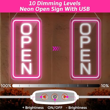 OPEN COB LED Sign – 22.8×11.8 Inch | 12V Powered Pink & White Glow Light | Horizontal & Vertical Style with US Plug for Storefront & Business Decor