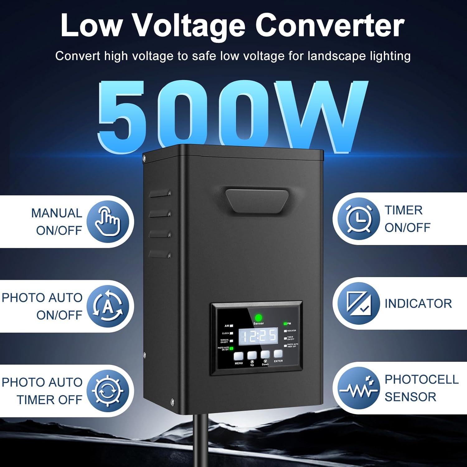 Transformateur basse tension haute capacité 500 W/600 W, alimentation pour éclairage extérieur 120 V CA vers 12 V/15 V CA avec écran LCD, minuterie et capteur photoélectrique pour éclairage de jardin et de cour de grande taille. 