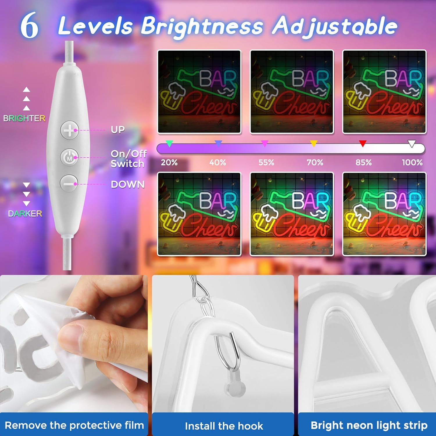 Panneau LED « Bar Cheers » – 41,9 × 24,9 cm | Éclat multicolore | Alimentation USB | Suspension | Idéal pour un éclairage d'ambiance dans un bar, un pub, un salon, une discothèque ou une fête 