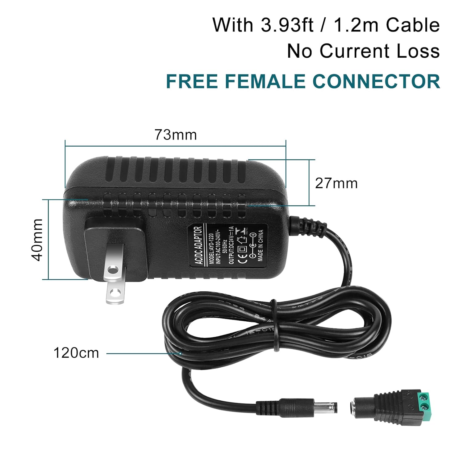 DC 24V Power Adapter 24W, AC 100–240V to 24V Wall Plug Power Supply with US Plug, Black Case