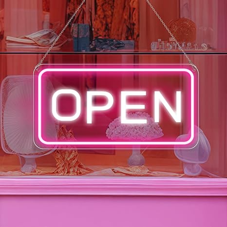 OPEN COB LED Sign – 22.8×11.8 Inch | 12V Powered Pink & White Glow Light | Horizontal & Vertical Style with US Plug for Storefront & Business Decor