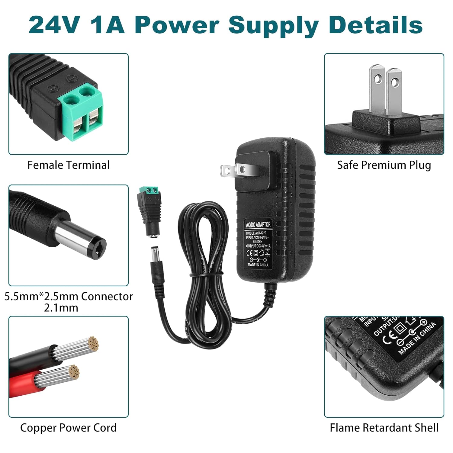 DC 24V Power Adapter 24W, AC 100–240V to 24V Wall Plug Power Supply with US Plug, Black Case