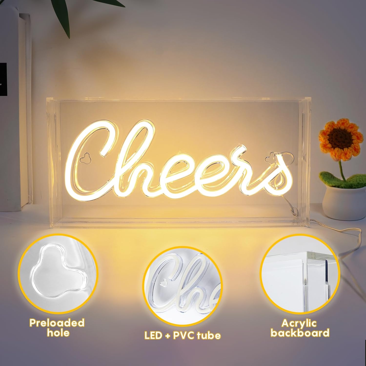 Panneau lumineux de bureau CHERRS – Rectangulaire 30,5 x 15,2 cm | Blanc chaud/rose | Alimentation USB | Présentoir de table | Pour chambre de fille, chambre à coucher, pub, hôtel, plage, bar à cocktails, cadeau de Noël