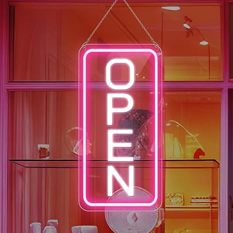OPEN COB LED Sign – 22.8×11.8 Inch | 12V Powered Pink & White Glow Light | Horizontal & Vertical Style with US Plug for Storefront & Business Decor