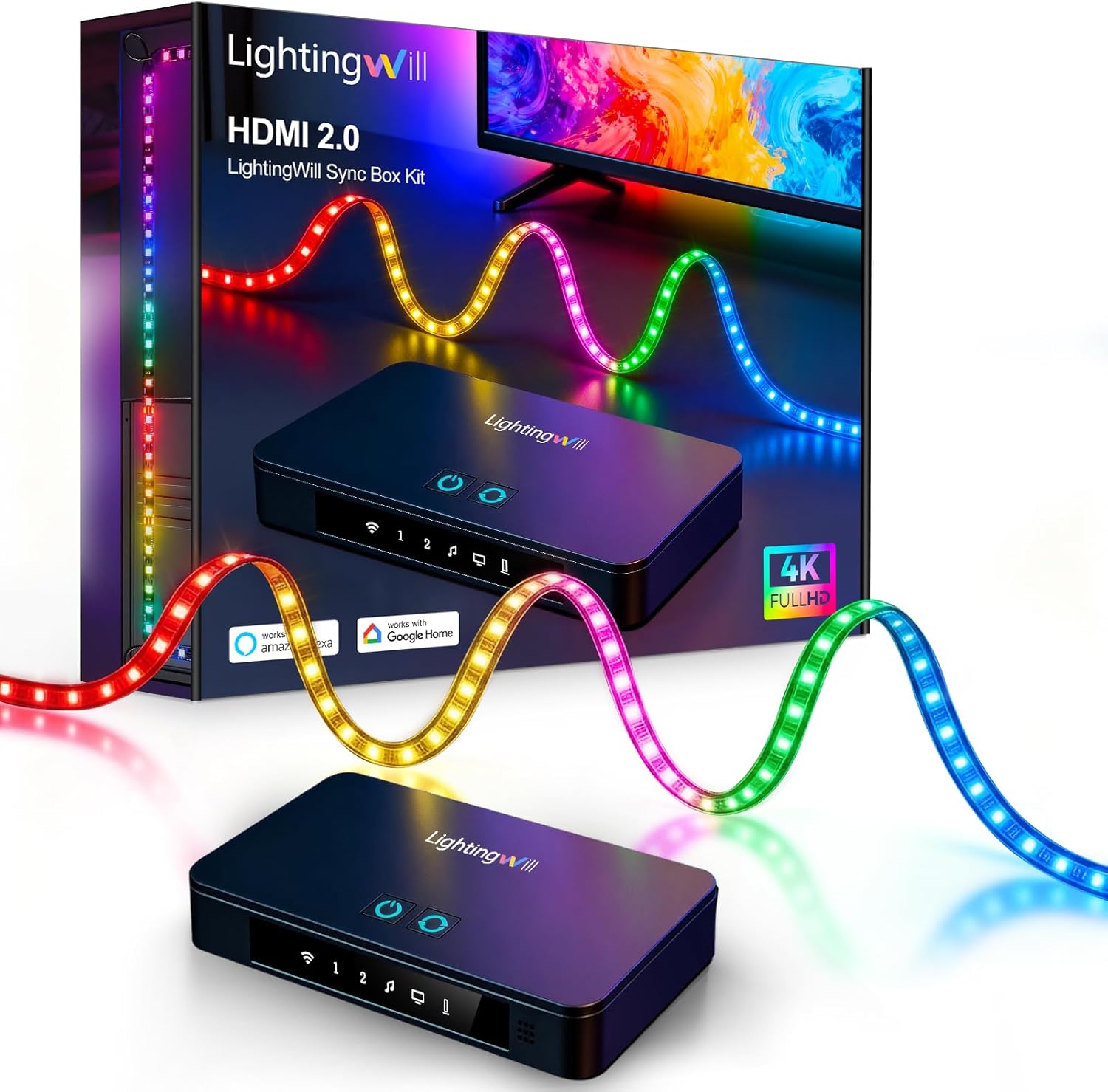 LightingWill CST3 HDMI 2.0 Sync Box TV Backlight Strip Kit - 9.8FT / 12.5FT / 16.4FT  Smart RGBIC LED Strip Sync with Screen | Supports 4K@60Hz | 72 LEDs/m |Sync to Movies, Games | Compatible with PS5/Xbox/PC
