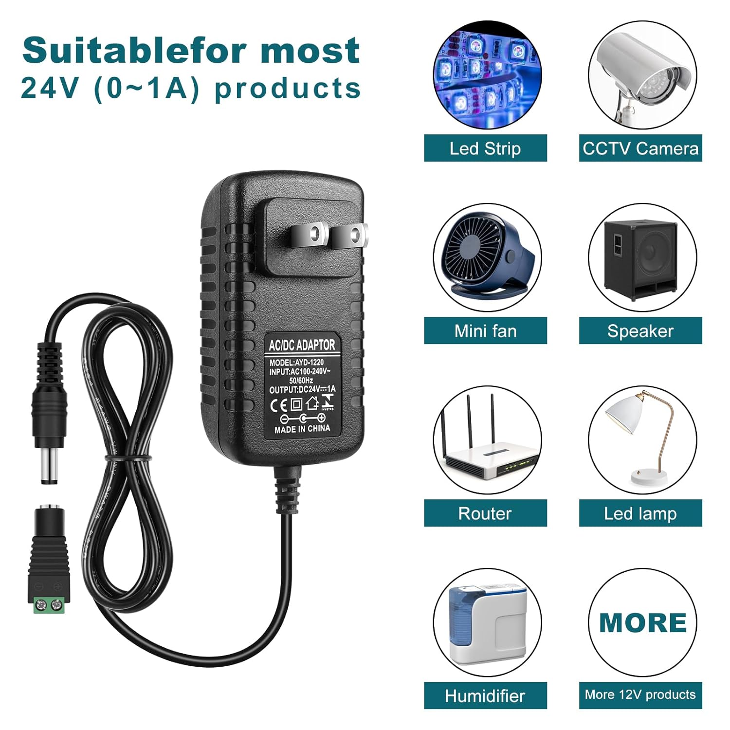 DC 24V Power Adapter 24W, AC 100–240V to 24V Wall Plug Power Supply with US Plug, Black Case
