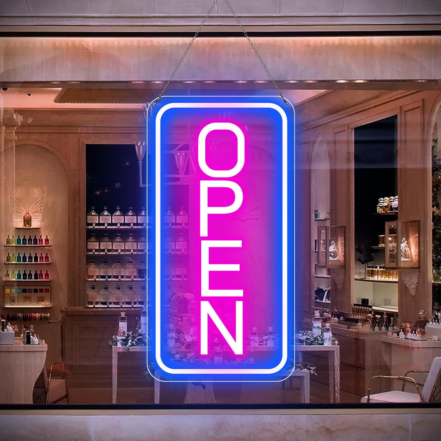 OPEN Neon-LED-Schild – Vertikal rechteckig | 5 Leuchtfarbenoptionen | 16×9 / 23×12 Zoll | Fensteraufhängung | Plug &amp; Play für Schaufenster